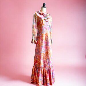 Vintage 70s Watercolor Floral Ruffle Maxi Dress | 1970s Chiffon Sleeves | Full‑L